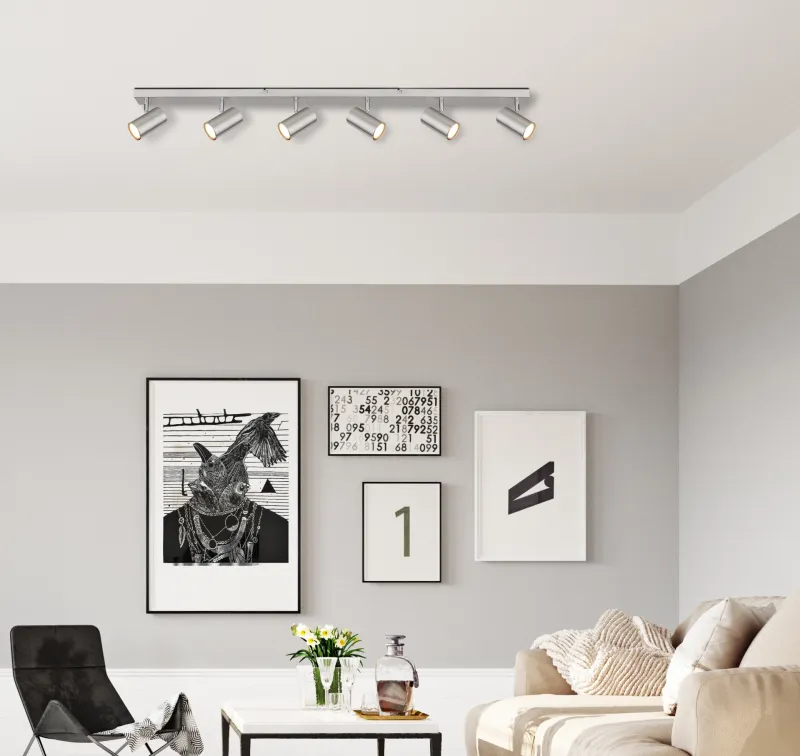 Robby 6 Nikkeli kohdevalaisin valmistajalta Globo Lighting - Robby &auml;r en stilren takspotlight som imponerar med sin enhetliga design i nickel.