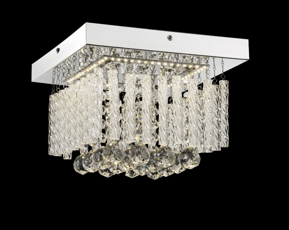 Mathilda 25cm Kromi plafondi valmistajalta Globo Lighting - Neli&ouml;nmuotoinen muotoilu yhdist&auml;&auml; krominv&auml;risen jalan kauniisti roikkuviin lasitankoihin ja kimalteleviin kristalleihin, luoden tyylikk&auml;&auml;n ja eksklusiivisen tunnelman huoneeseen.