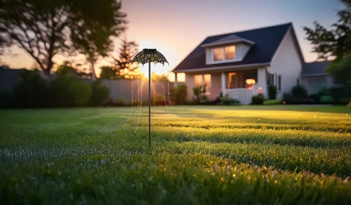 Umbrella Musta aurinkokennolamppu valmistajalta Globo Lighting - Skapa en magisk st&auml;mning i tr&auml;dg&aring;rden med Umbrella, en unik solcellsbelysning med vackert utskuret m&ouml;nster och h&auml;ngande ljusslingor.