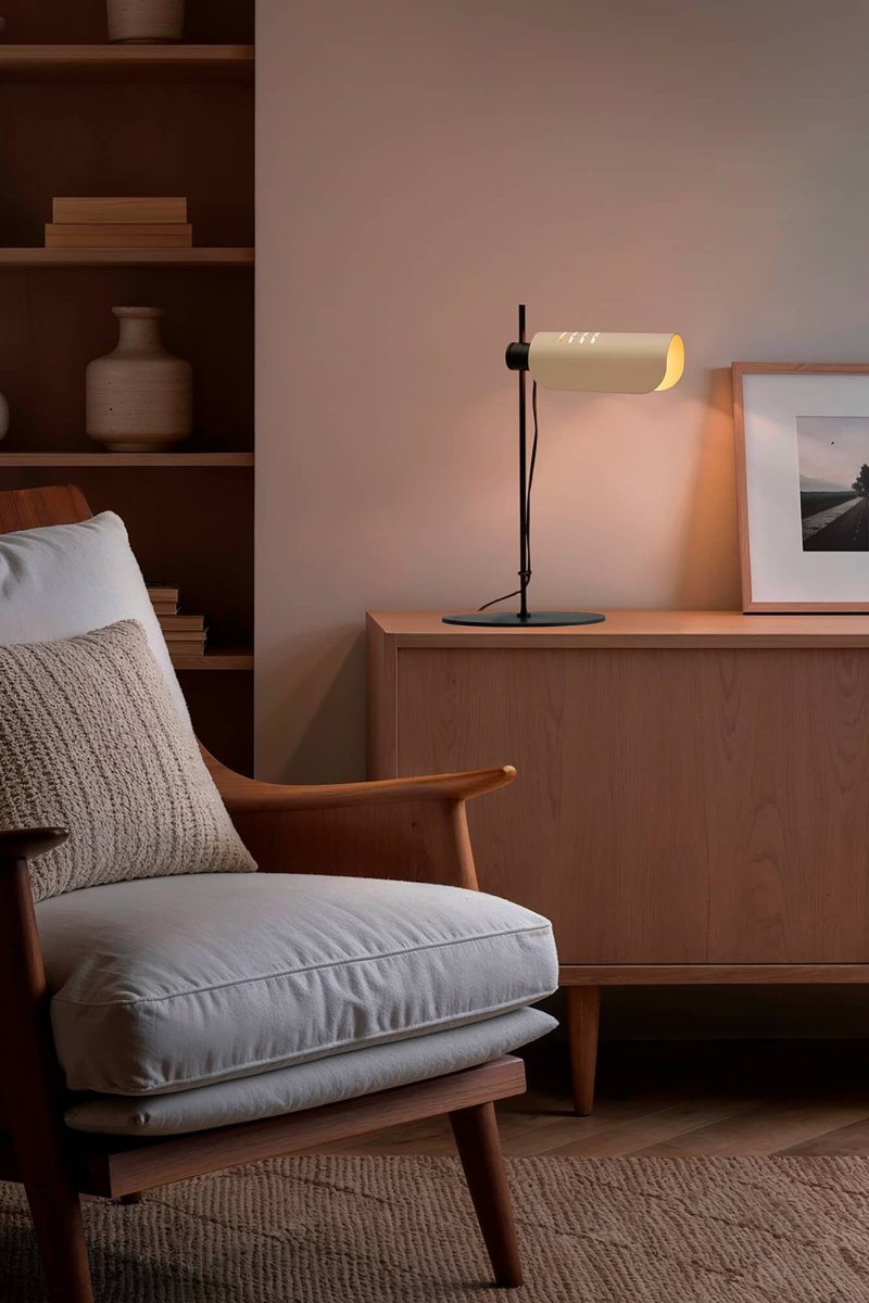 Martinica 53cm Beige työpöytävalaisin valmistajalta Faro Barcelona - Aaltoileva varjostin muistuttaa pehme&auml;&auml; levy&auml;, joka kietoutuu valonl&auml;hteen ymp&auml;rille ja luo miellytt&auml;v&auml;n valon &ndash; t&auml;ydellinen sek&auml; toiminnallisuuteen ett&auml; tunnelmaan.