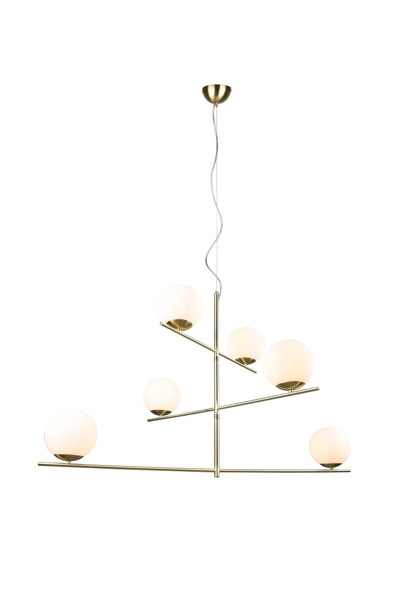 Pure 115cm Matta messinki kattovalaisin valmistajalta Trio Lighting - Kuuden liekin riippuvalaisimissa on py&ouml;riv&auml;t elementit, jotka voidaan suunnata yksil&ouml;llisesti, joten se sopii t&auml;ydellisesti ruokap&ouml;yd&auml;n valaisemiseen ja tyylisi alleviivaamiseen.