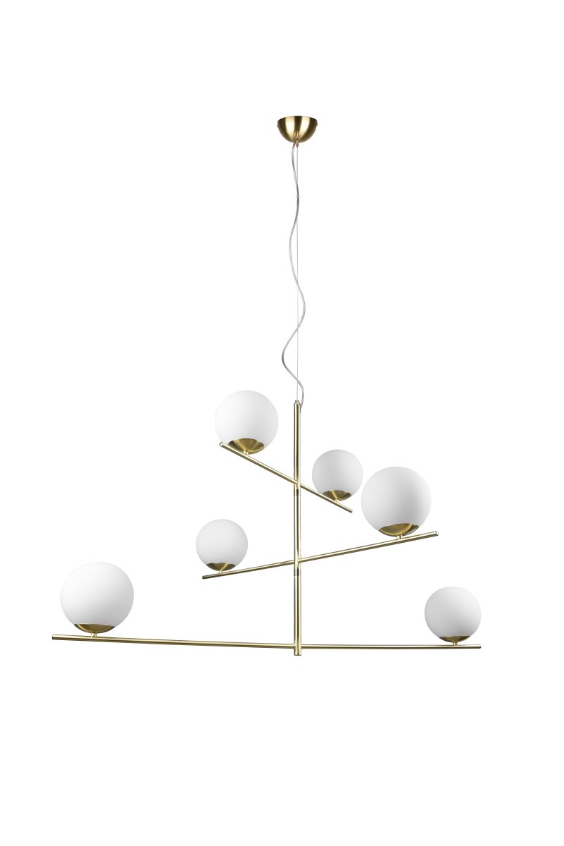 Pure 115cm Matta messinki kattovalaisin valmistajalta Trio Lighting - Kuuden liekin riippuvalaisimissa on py&ouml;riv&auml;t elementit, jotka voidaan suunnata yksil&ouml;llisesti, joten se sopii t&auml;ydellisesti ruokap&ouml;yd&auml;n valaisemiseen ja tyylisi alleviivaamiseen.