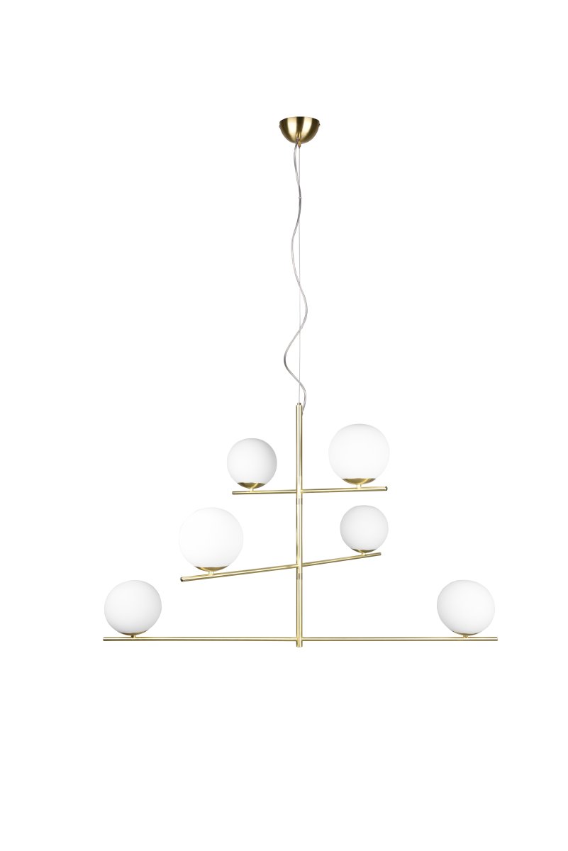 Pure 115cm Matta messinki kattovalaisin valmistajalta Trio Lighting - Kuuden liekin riippuvalaisimissa on py&ouml;riv&auml;t elementit, jotka voidaan suunnata yksil&ouml;llisesti, joten se sopii t&auml;ydellisesti ruokap&ouml;yd&auml;n valaisemiseen ja tyylisi alleviivaamiseen.