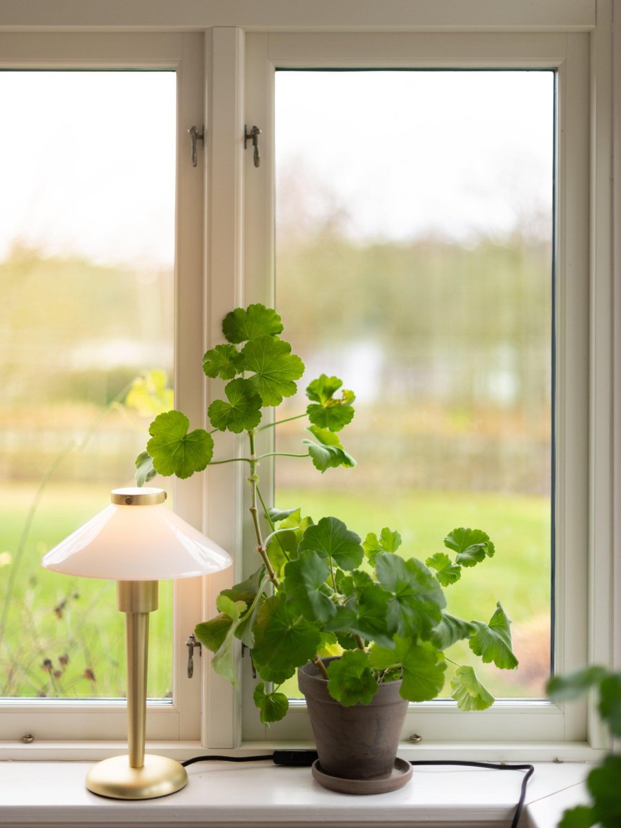 August 34cm Messinki pöytävalaisin valmistajalta PR Home - Lampun varjostin on valmistettu lasista ja ruuvataan kiinni; aseta metallikorkin avulla samaan pintaan kuin jalka.