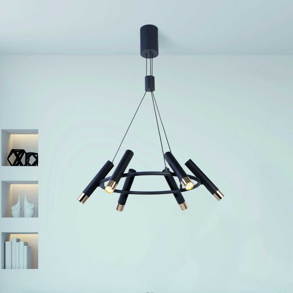 Cylinder Ø70 Musta kattovalaisin valmistajalta Searchlight - Sylinterinen kattoriipus, jossa on 6 valopistettä mustassa ja kullassa, on katseenvangitsija jokaisessa huoneessa.