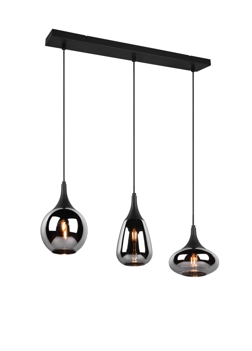 Lumina 68cm Musta kattovalaisin valmistajalta Trio Lighting - Kolmen n&auml;yt&ouml;n eri muodot sek&auml; metallin ja lasin yhdistelm&auml; luovat kauniin ja ainutlaatuisen valotunnelman ja antavat ruokailualueellesi modernin vaikutelman.