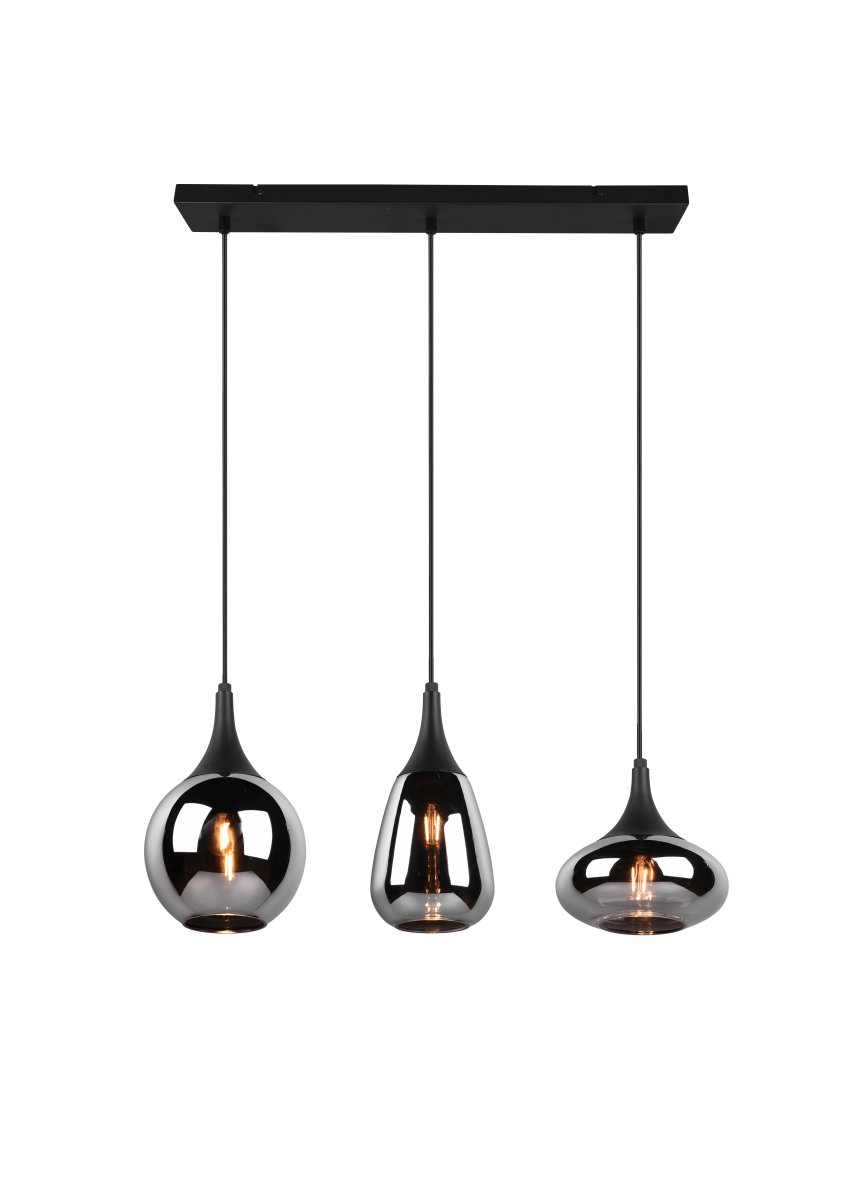 Lumina 68cm Musta kattovalaisin valmistajalta Trio Lighting - Kolmen n&auml;yt&ouml;n eri muodot sek&auml; metallin ja lasin yhdistelm&auml; luovat kauniin ja ainutlaatuisen valotunnelman ja antavat ruokailualueellesi modernin vaikutelman.