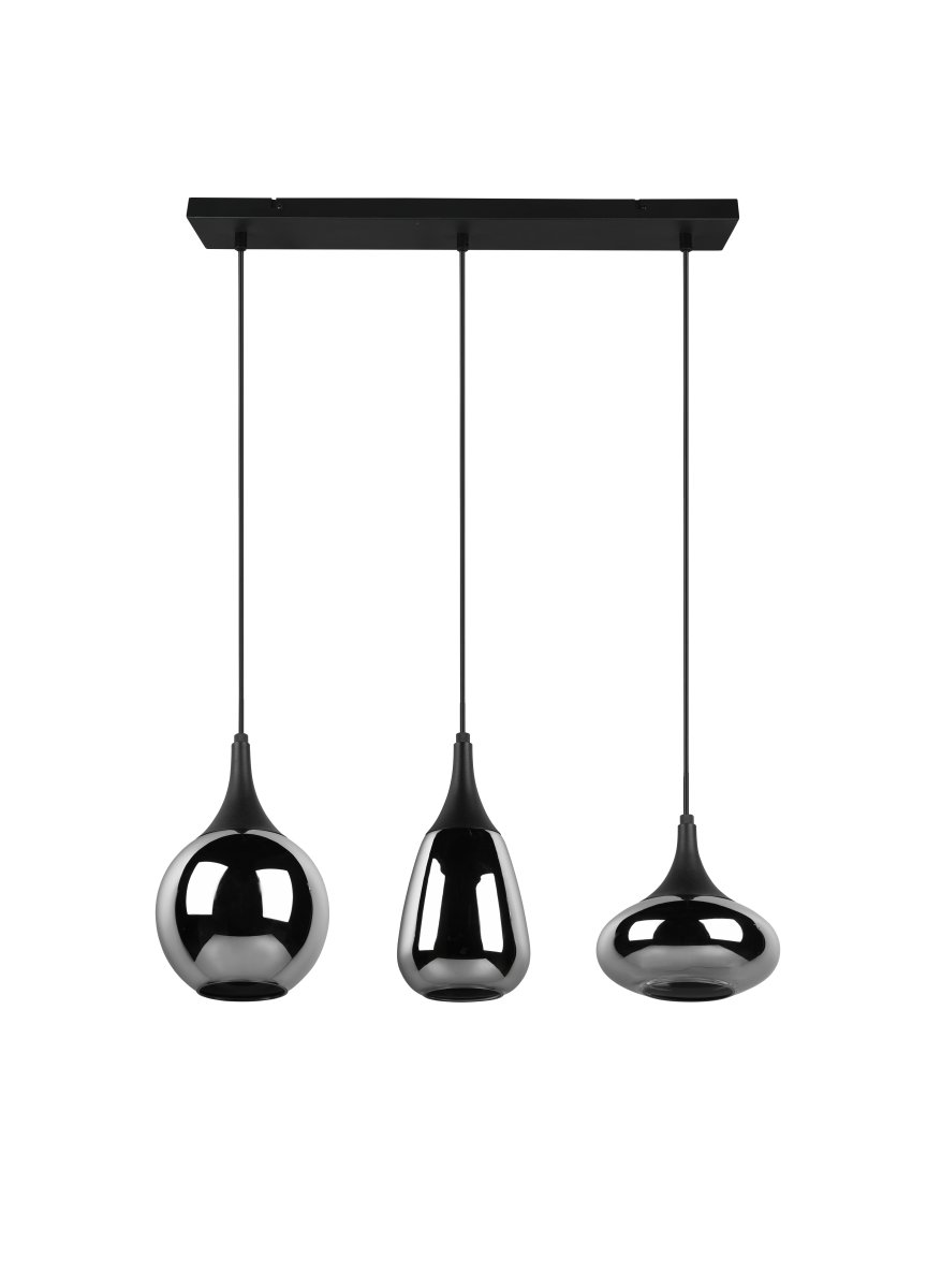 Lumina 68cm Musta kattovalaisin valmistajalta Trio Lighting - Kolmen n&auml;yt&ouml;n eri muodot sek&auml; metallin ja lasin yhdistelm&auml; luovat kauniin ja ainutlaatuisen valotunnelman ja antavat ruokailualueellesi modernin vaikutelman.