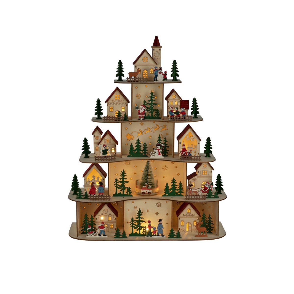 Joulukylä LED 48cm Puu valmistajalta Konstsmide - Joulukyl&auml; toimii kolmella AA-paristolla (eiv&auml;t sis&auml;lly toimitukseen) ja siin&auml; on my&ouml;s ajastintoiminto, 6 tuntia p&auml;&auml;ll&auml; ja 18 tuntia pois p&auml;&auml;lt&auml;, toistuva ajastin, mik&auml; tekee siit&auml; sek&auml; k&auml;yt&auml;nn&ouml;llisen ett&auml; energiatehokkaan.