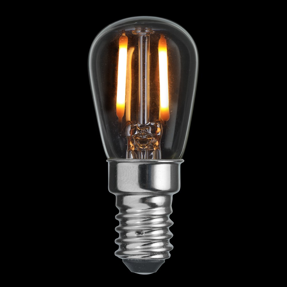 E14 Päärynälamppu 0,8W 2200K himmennettävä Läpinäkyvä valmistajalta Unison - T&auml;m&auml; P&auml;ron LED-lamppu kirkkaalla E14-pohjalla vaikuttaa; 0,8W ja v&auml;ril&auml;mp&ouml;tila 2200K.