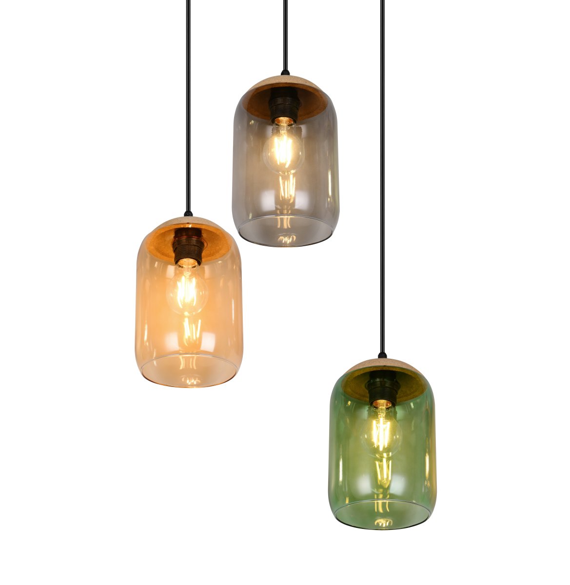 Cork Ø30 Monivärinen kattovalaisin valmistajalta Trio Lighting - Korkin, lasin ja metallin materiaaliyhdistelm&auml; korostaa tasapainoa modernin muotoilun ja luonnon kauneuden v&auml;lill&auml; &ndash; t&auml;ydellinen rauhallisen ja tunnelmallisen ymp&auml;rist&ouml;n luomiseen.