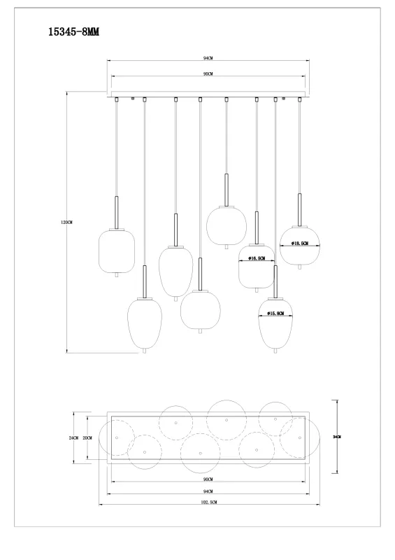 Blacky 102cm Messinki kattovalaisin valmistajalta Globo Lighting - Den 102,5 cm l&aring;nga pendellampan har en rektangul&auml;r m&auml;ssingsf&auml;rgad metallplatta, fr&aring;n denna h&auml;nger &aring;tta svarta kablar med runda, r&ouml;kf&auml;rgade glasglober i olika former.