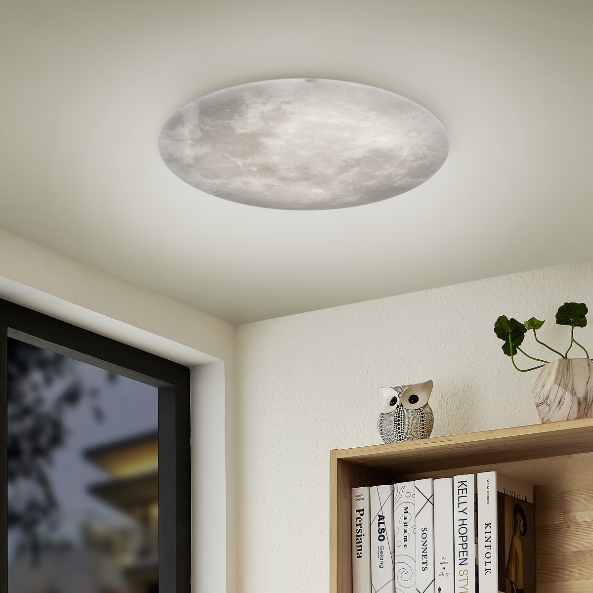 Lunar Ø40 Harmaa plafondi valmistajalta Trio Lighting - Ainutlaatuisen teknologian avulla voit kaukosäätimellä näyttää eri kuun vaiheet ja mukauttaa valaistusta tarpeen mukaan.