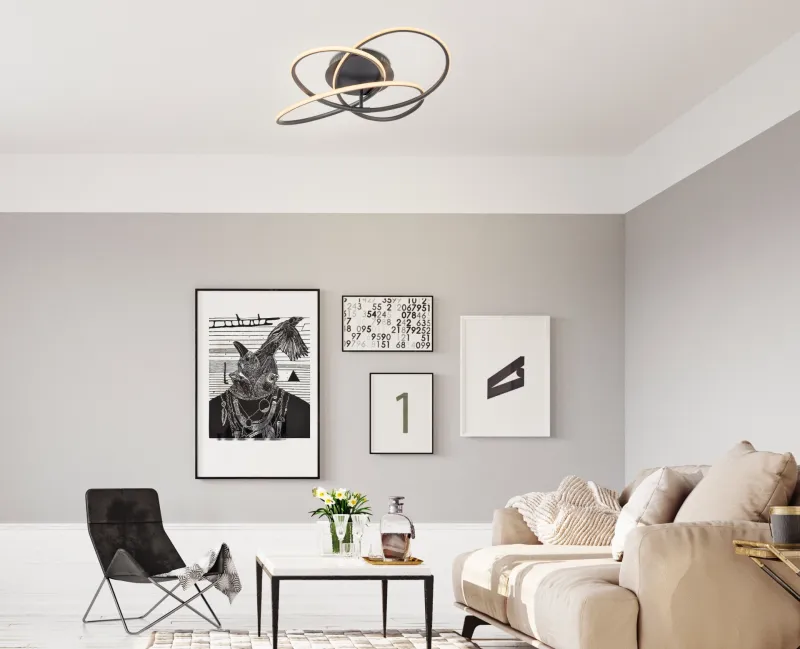 Panda Ø60 Musta plafondi valmistajalta Globo Lighting - Den har en fast installerad LED-panel som avger ett varmvit ljus och skapar en behaglig och inbjudande atmosf&auml;r i rummet.