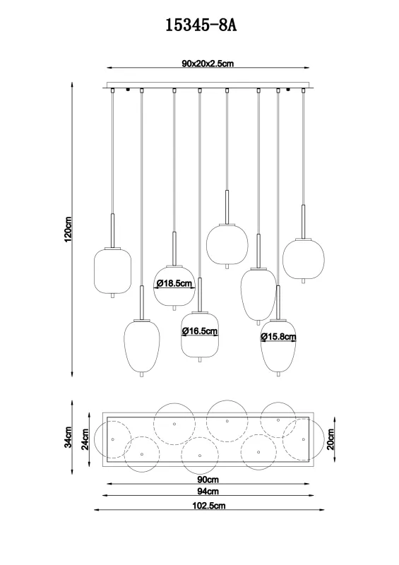 Blacky 102cm Keltainen kattovalaisin valmistajalta Globo Lighting - De &aring;tta r&ouml;k- och amberf&auml;rgade glasgloberna i olika former h&auml;nger fr&aring;n en svart, rektangul&auml;r takplatta och kan justeras upp till 120 cm fr&aring;n taket.
