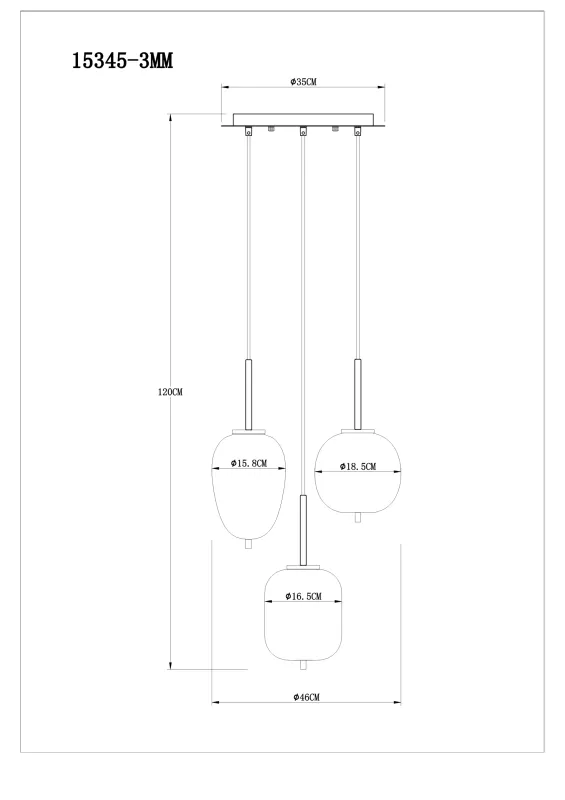 Blacky Ø46 Messinki kattovalaisin valmistajalta Globo Lighting - Den best&aring;r av en rund m&auml;ssingsf&auml;rgad metallplatta, fr&aring;n vilken tre svarta kablar med r&ouml;kf&auml;rgade glasglober i olika former h&auml;nger.