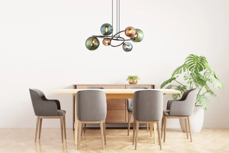 Riha 62cm Monivärinen kattovalaisin valmistajalta Globo Lighting - De olika glaskulorna i brons, gr&ouml;nt och petrol ger lampan en dynamisk och lekfull karakt&auml;r samtidigt som de skapar en visuellt intressant ljusbild.