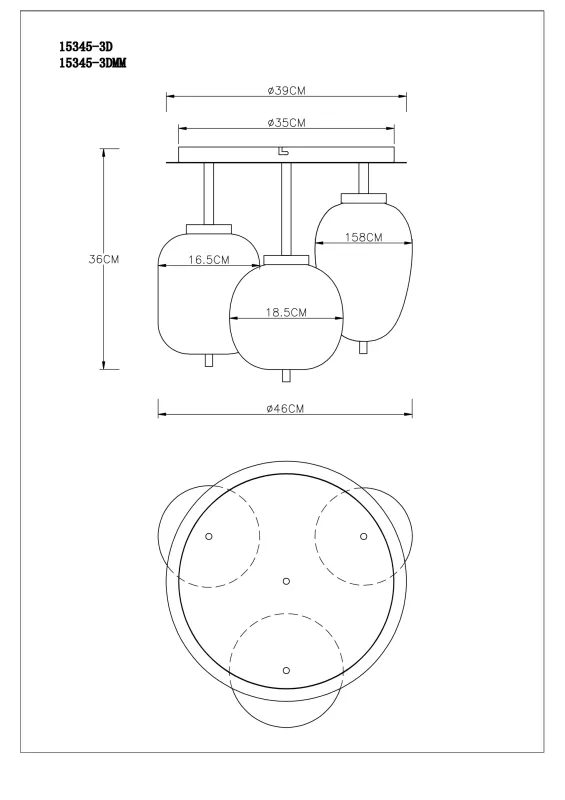 Blacky Ø46 Musta plafondi valmistajalta Globo Lighting - Lampan &auml;r utrustad med 3st r&ouml;kf&auml;rgade glaskupor i olika former, som h&auml;nger fr&aring;n taket p&aring; mattsvarta st&auml;nger f&auml;sta vid en matchande bas.