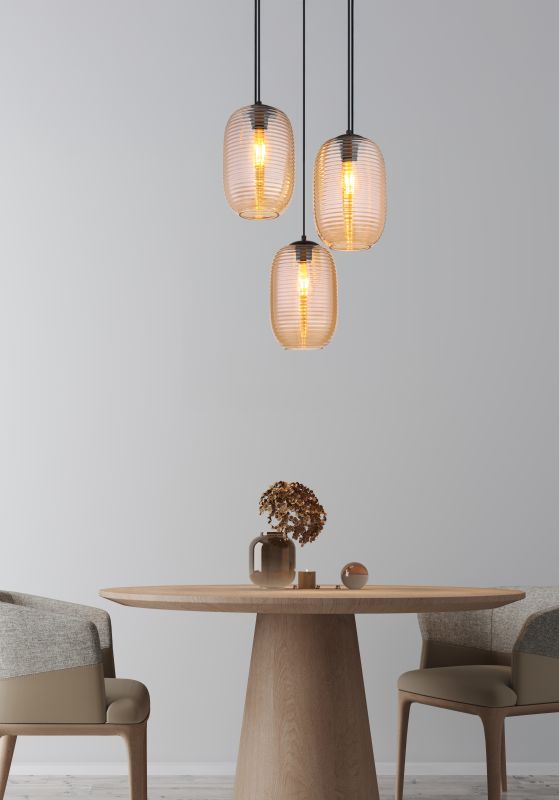 Jefrey Ø47 Keltainen kattovalaisin valmistajalta Globo Lighting - Denna eleganta taklampa har en rund form och &auml;r utrustad med tre rundade glaskupor i varm b&auml;rnstensf&auml;rg.