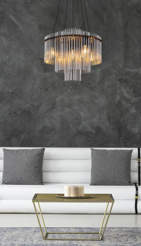 Gorley Ø50 Savun värinen kattovalaisin valmistajalta Globo Lighting - Med sin runda form och sk&auml;rm av r&ouml;kf&auml;rgade glasstavar skapar den en sofistikerad ljusbild och en st&auml;mningsfull atmosf&auml;r.