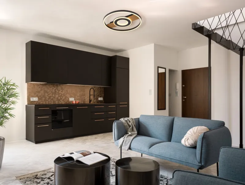 Pikara Ø40 Puu plafondi valmistajalta Globo Lighting - Den mattsvarta metallen tillsammans med tr&auml;looken skapar en stilfull balans mellan samtida design och naturlig estetik.