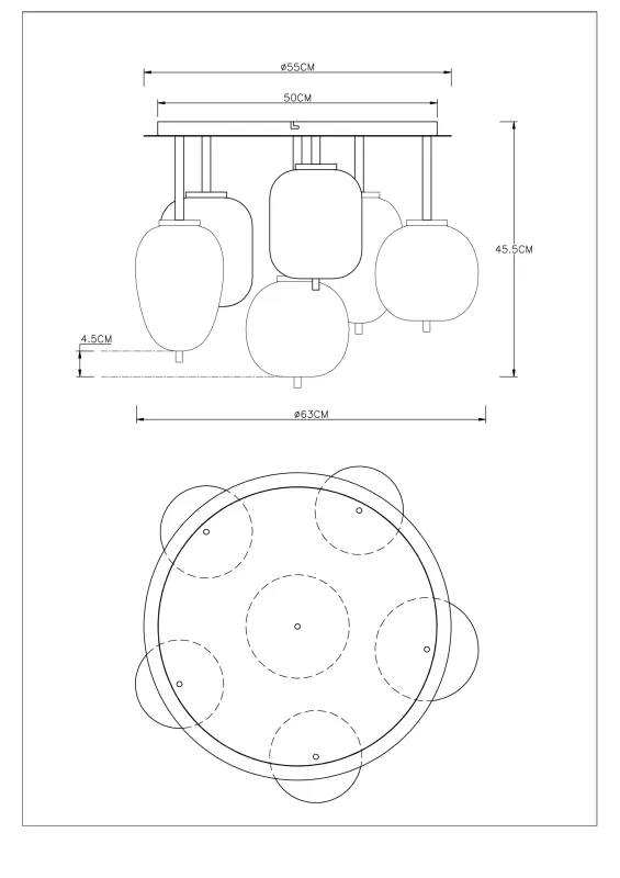 Blacky Ø63 Musta plafondi valmistajalta Globo Lighting - Lampan &auml;r utrustad med 6st r&ouml;kf&auml;rgade glaskupor i olika former, som h&auml;nger fr&aring;n taket p&aring; mattsvarta st&auml;nger f&auml;sta vid en matchande bas.