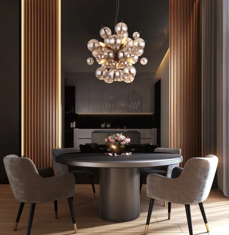 Udo Ø55 Savun värinen kattovalaisin valmistajalta Globo Lighting - Dess unika design imponerar med en rund form d&auml;r eleganta metallst&auml;nger sammanl&auml;nkas med dekorativa kulor i olika storlekar.