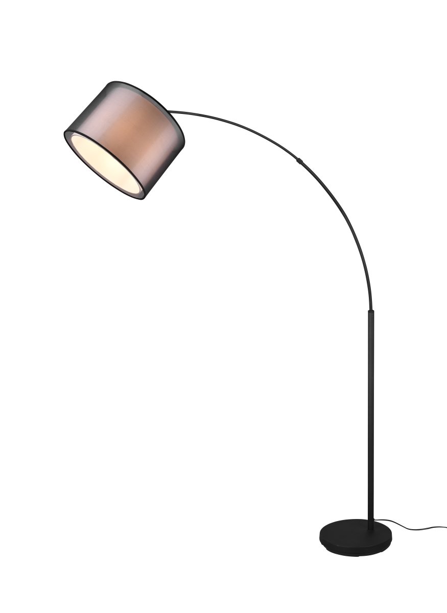 Burton Musta lattiavalaisin valmistajalta Trio Lighting - Moderni yhdistelmä sisävalkoisesta kangasnäytöstä ja ulkoisesta läpinäkyvästä mustasta muovinäytöstä näyttää sekä yksilölliseltä että virkistävältä, ja se voidaan integroida moderniin elämäntyyliin; monella tavalla.