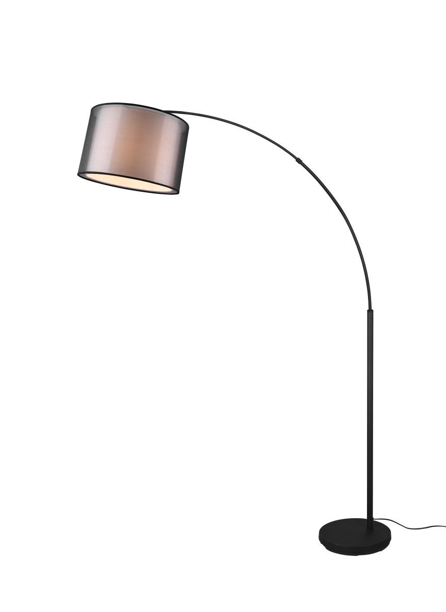 Burton Musta lattiavalaisin valmistajalta Trio Lighting - Moderni yhdistelmä sisävalkoisesta kangasnäytöstä ja ulkoisesta läpinäkyvästä mustasta muovinäytöstä näyttää sekä yksilölliseltä että virkistävältä, ja se voidaan integroida moderniin elämäntyyliin; monella tavalla.