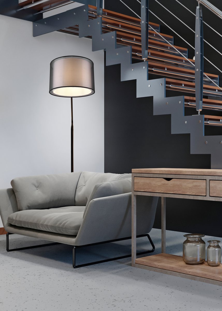 Burton Musta lattiavalaisin valmistajalta Trio Lighting - Moderni yhdistelmä sisävalkoisesta kangasnäytöstä ja ulkoisesta läpinäkyvästä mustasta muovinäytöstä näyttää sekä yksilölliseltä että virkistävältä, ja se voidaan integroida moderniin elämäntyyliin; monella tavalla.
