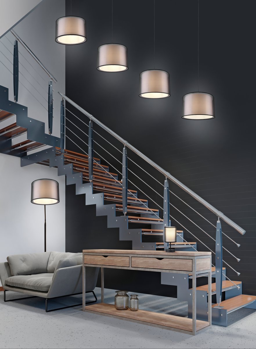 Burton Musta lattiavalaisin valmistajalta Trio Lighting - Moderni yhdistelmä sisävalkoisesta kangasnäytöstä ja ulkoisesta läpinäkyvästä mustasta muovinäytöstä näyttää sekä yksilölliseltä että virkistävältä, ja se voidaan integroida moderniin elämäntyyliin; monella tavalla.