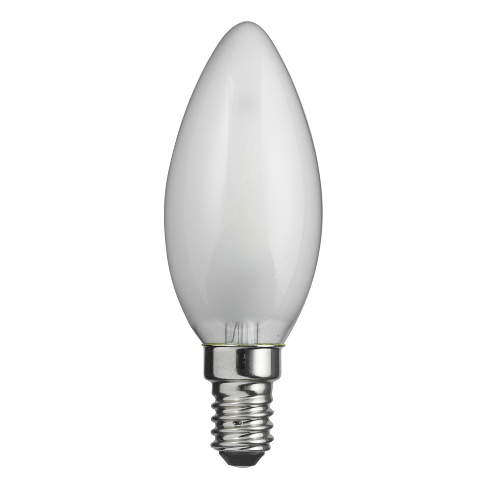 LED E14 Kruunukynttilälamppu matta 0,8W 2700K Valkoinen valmistajalta Unison - Tyylik&auml;s kruunukynttil&auml;n muoto ja mattapinta tekev&auml;t siit&auml; ihanteellisen kattokruunuihin ja muihin koriste-esineisiin, joissa tarvitaan tunnelmallista ja energiatehokasta valaistusta.