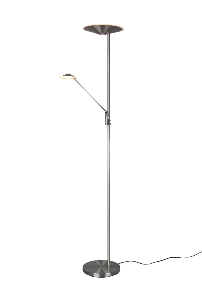 Brantford Harjattua terästä lattiavalaisin valmistajalta Trio Lighting - Integroidulla anturihimmentimellä voit helposti säätää kirkkautta ja väriä, kun taas päävalonlähdettä ja lukuvartta voidaan käyttää erikseen joustavaan valaistukseen.