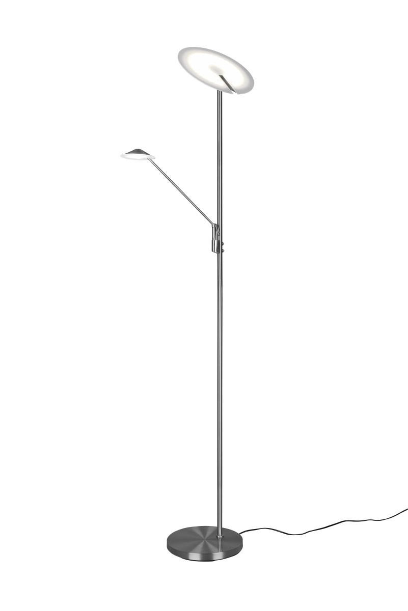 Brantford Harjattua terästä lattiavalaisin valmistajalta Trio Lighting - Integroidulla anturihimmentimellä voit helposti säätää kirkkautta ja väriä, kun taas päävalonlähdettä ja lukuvartta voidaan käyttää erikseen joustavaan valaistukseen.