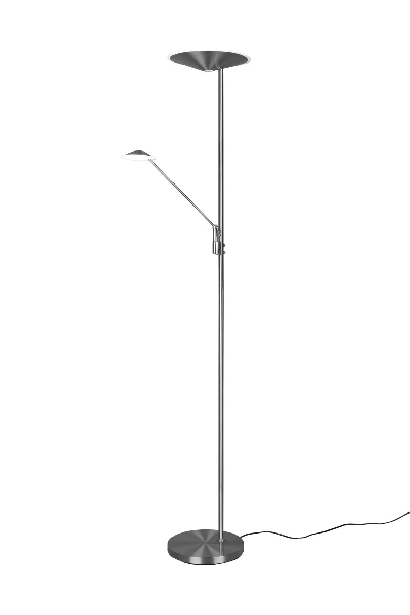 Brantford Harjattua terästä lattiavalaisin valmistajalta Trio Lighting - Integroidulla anturihimmentimellä voit helposti säätää kirkkautta ja väriä, kun taas päävalonlähdettä ja lukuvartta voidaan käyttää erikseen joustavaan valaistukseen.