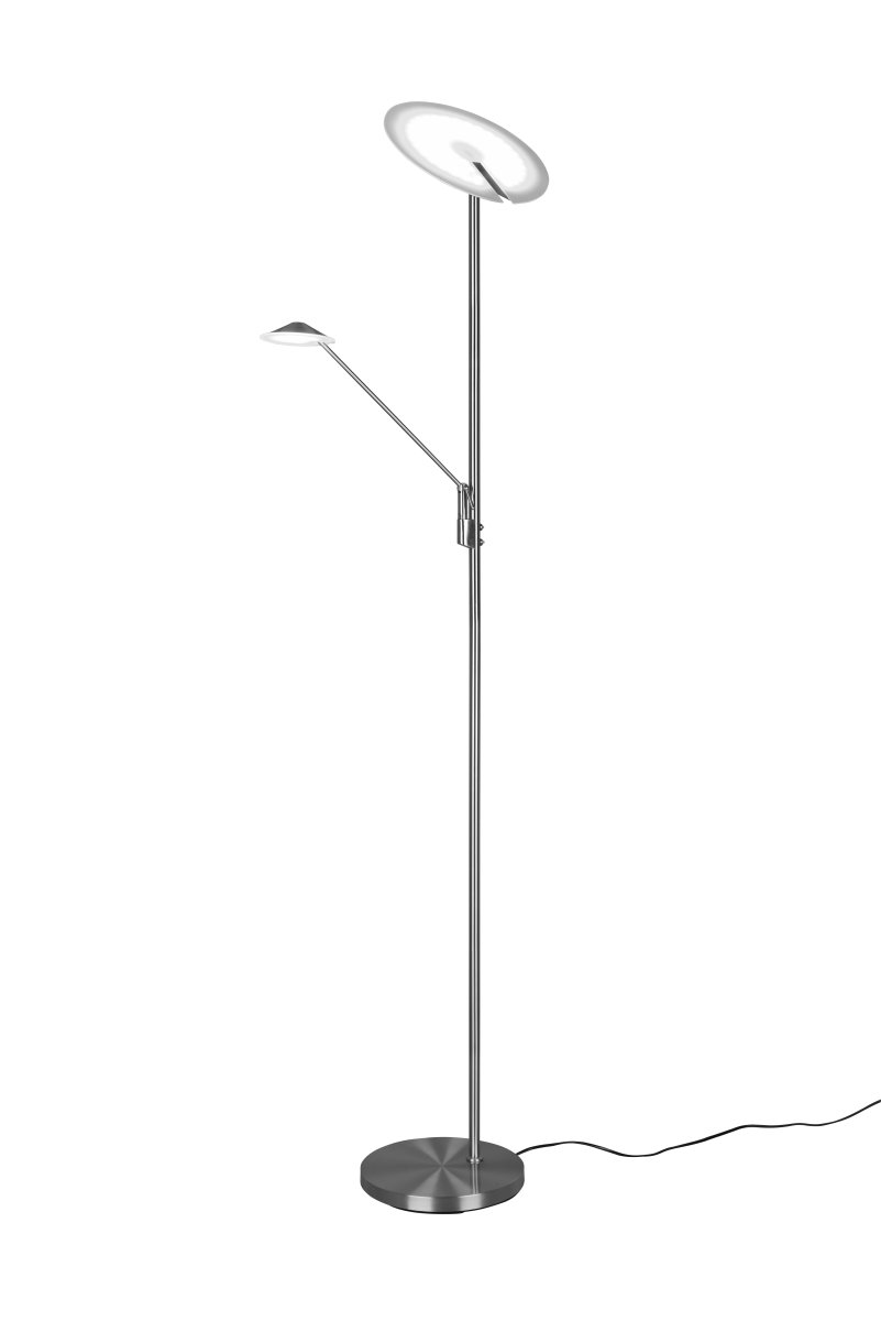 Brantford Harjattua terästä lattiavalaisin valmistajalta Trio Lighting - Integroidulla anturihimmentimellä voit helposti säätää kirkkautta ja väriä, kun taas päävalonlähdettä ja lukuvartta voidaan käyttää erikseen joustavaan valaistukseen.