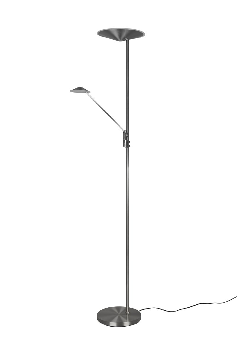 Brantford Harjattua terästä lattiavalaisin valmistajalta Trio Lighting - Integroidulla anturihimmentimellä voit helposti säätää kirkkautta ja väriä, kun taas päävalonlähdettä ja lukuvartta voidaan käyttää erikseen joustavaan valaistukseen.