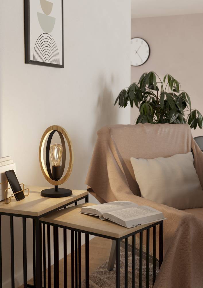 Basildon 35cm Musta pöytävalaisin valmistajalta Eglo - Tässä ainutlaatuisessa pöytävalaisimessa yhdistyy puun luonnollinen lämpö ja metallin vankka eleganssi luoden näyttävän lisäyksen sisustukseesi.