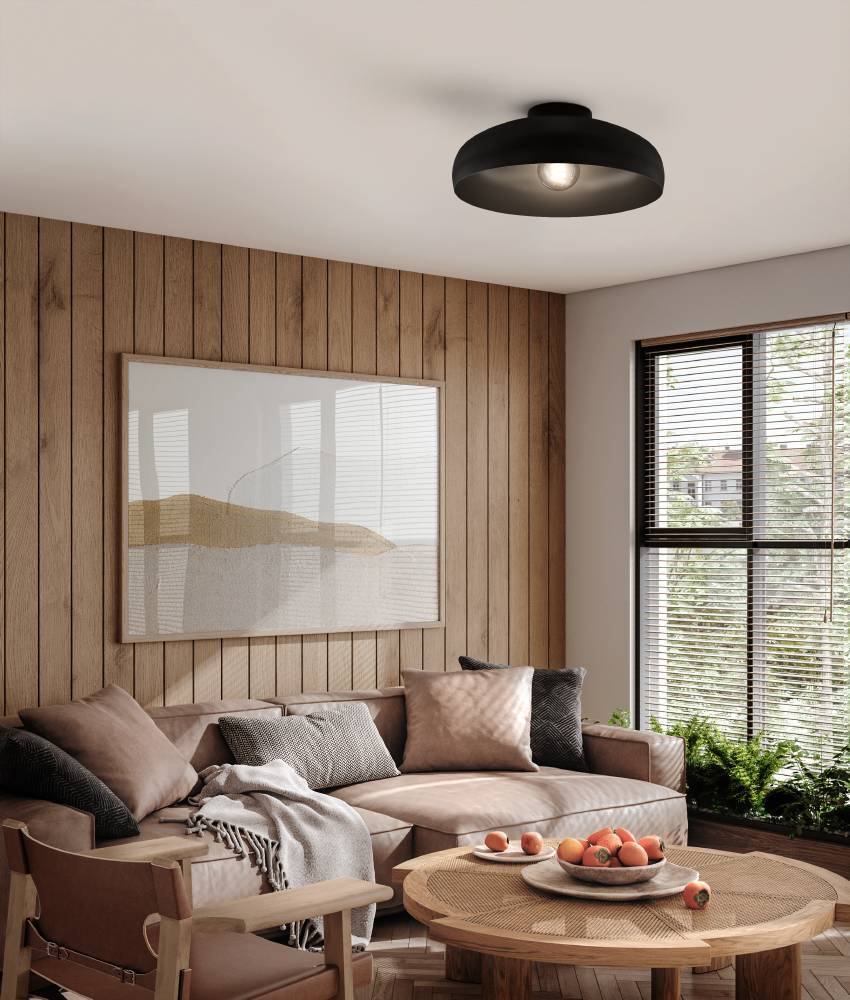 Mogano Ø40 Musta plafondi valmistajalta Eglo - Pehmeästi pyöristetyn muodon ja mattamustan viimeistelyn ansiosta se luo lämpimän ja miellyttävän tunnelman, joka sopii täydellisesti olohuoneeseen, makuuhuoneeseen tai eteiseen.