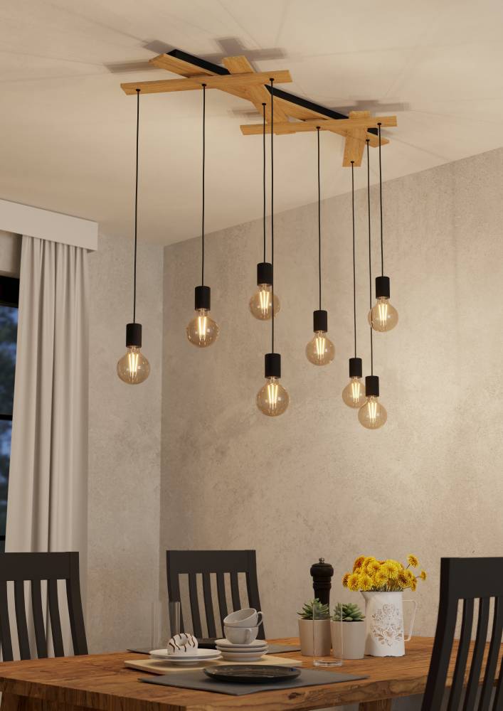 Monmount 108cm Musta kattovalaisin valmistajalta Eglo - Se luo ainutlaatuisen ja dynaamisen valon leikin erikorkuisilla roikkuvilla lampuilla ja geometrisesti muotoillulla puunrungolla.