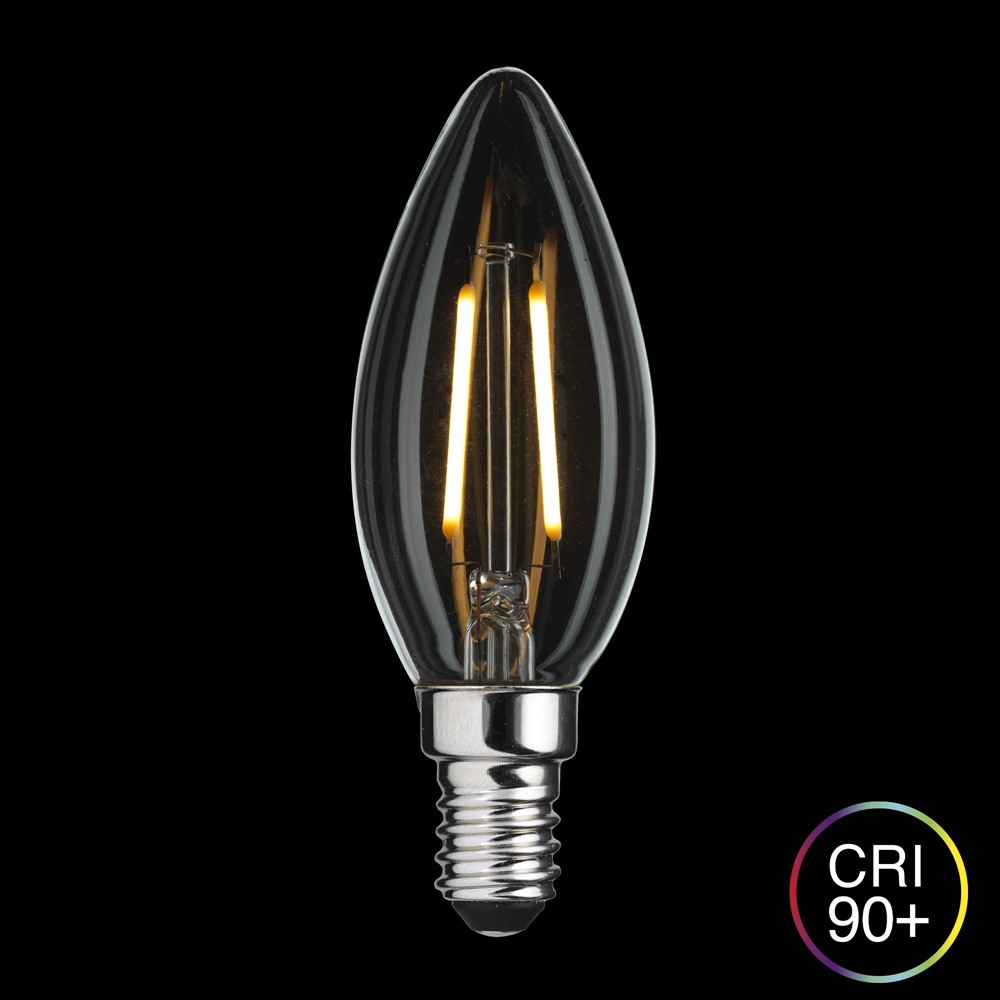 LED E14 Kruunukynttilälamppu 2W 2700K Himmennettävä Läpinäkyvä valmistajalta Unison - T&auml;ss&auml; kirkkaassa kruununmuotoisessa LED-lampussa on E14-jalusta ja 2 W:n teho.