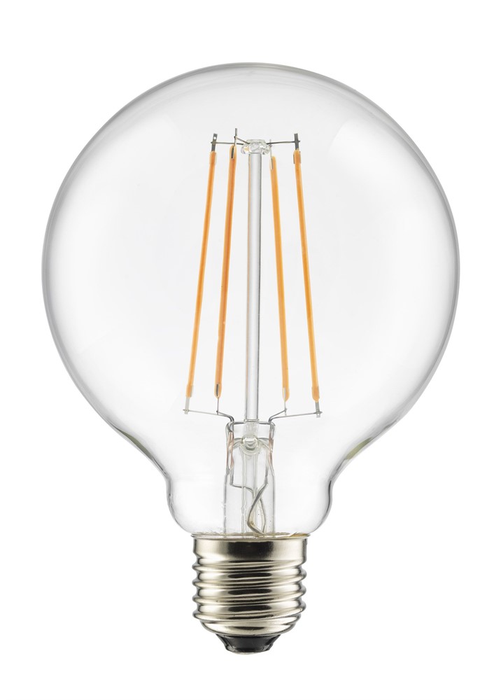 E27 Globelamppu 7,5W 2200K Himmennettävä Läpinäkyvä valmistajalta Unison - T&auml;m&auml; on UNI-LEDISON-maapallolamppu, jonka halkaisija on 100 mm ja kirkas E27-kanta.