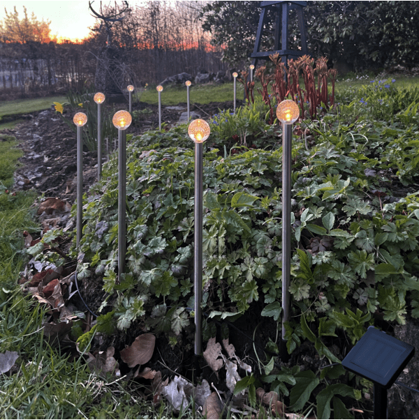 Bubbly 10-pin Hopea aurinkokennolamppu valmistajalta Star Trading - Tässä aurinkokennovalaisimessa on 10 sauvaa noin 30 cm:n korkeudella, jonka yläosassa on kuplapallo, joka loistaa lämpimällä valkoisella hehkulla.