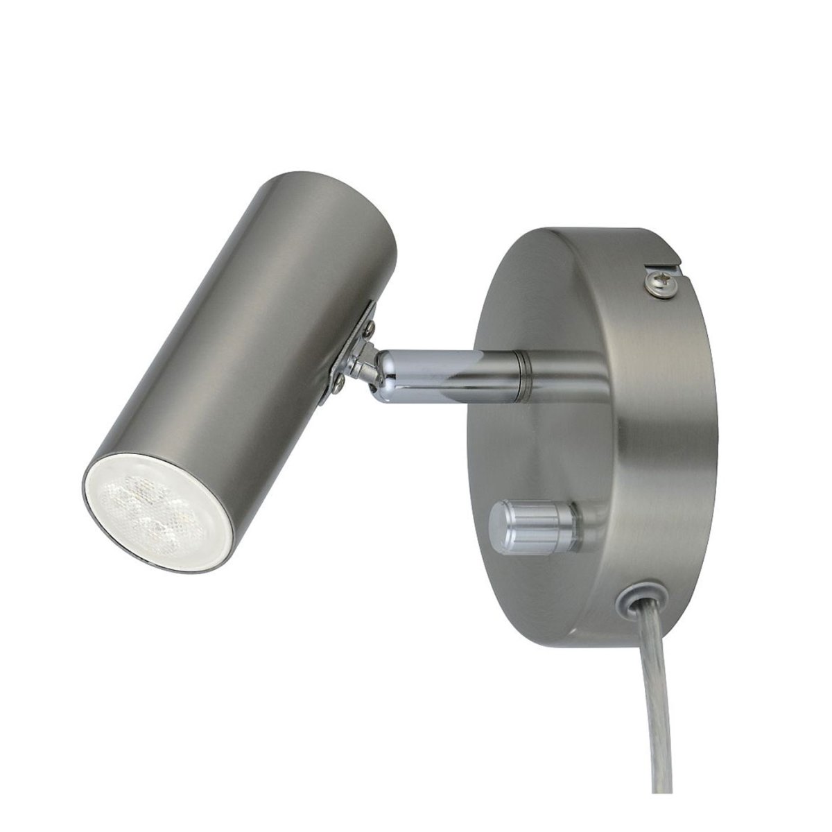 Mini Satiini nikkeliä lukulamppu valmistajalta Oriva - Siinä on siirrettävä kohdevalo ja virtakytkin, jossa on sisäänrakennettu himmennin.