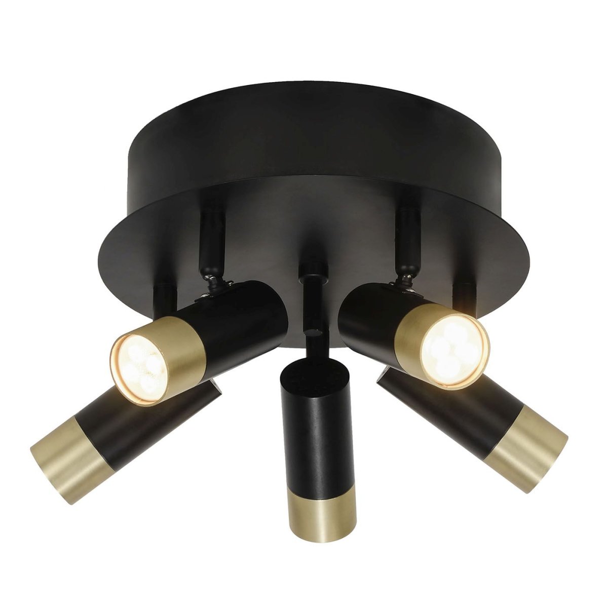 Mini 5 Musta kulta kohdevalaisin valmistajalta Oriva - Mustametallinen minikattovalaisin kullanvärisillä yksityiskohdilla ja siinä on viisi liikuteltavaa kohdevaloa, jotka tarjoavat joustavan ja tehokkaan valaistuksen.