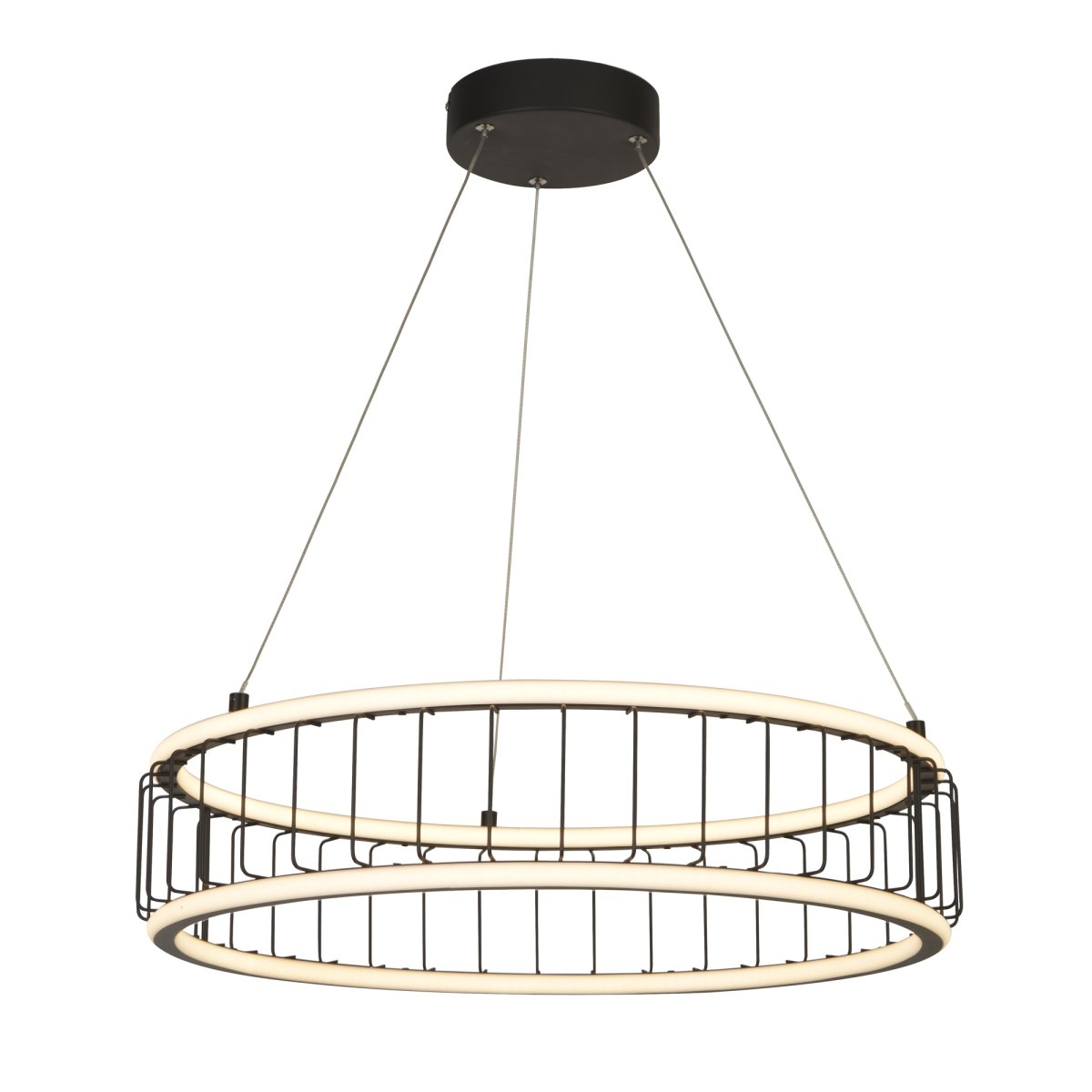 Circolo Ø57 Hiekka musta kattovalaisin valmistajalta Searchlight - Säädettävä korkeus, mustasta metallista ja valkoisesta silikonista valmistettu riippuvalaisin, jonka halkaisija on 58 cm, tyylikäs sylinterimäinen muoto, joka antaa valoa sekä alas- että ylöspäin.