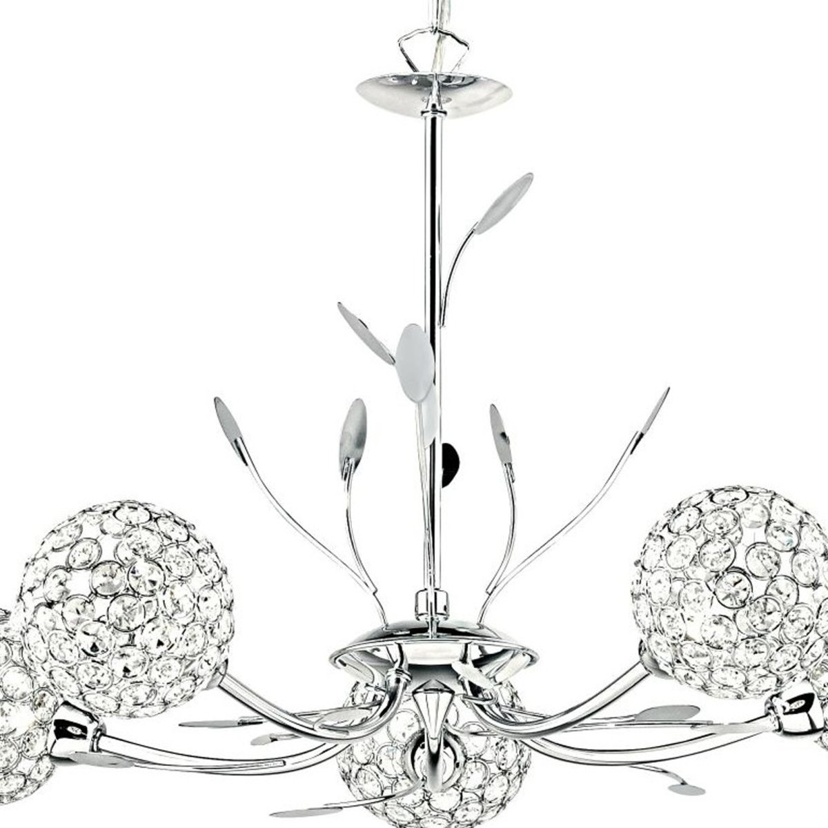 Bellis Ø58 Kromi kattovalaisin valmistajalta Searchlight - Tyylikäs valaisin on kauniisti muotoiltu lehtikoristeilla ja viidellä kirkkaalla lasilla ja kromilla olevalla kukanmuotoisella pallolla, jotka levittävät valoa; loistava tapa.