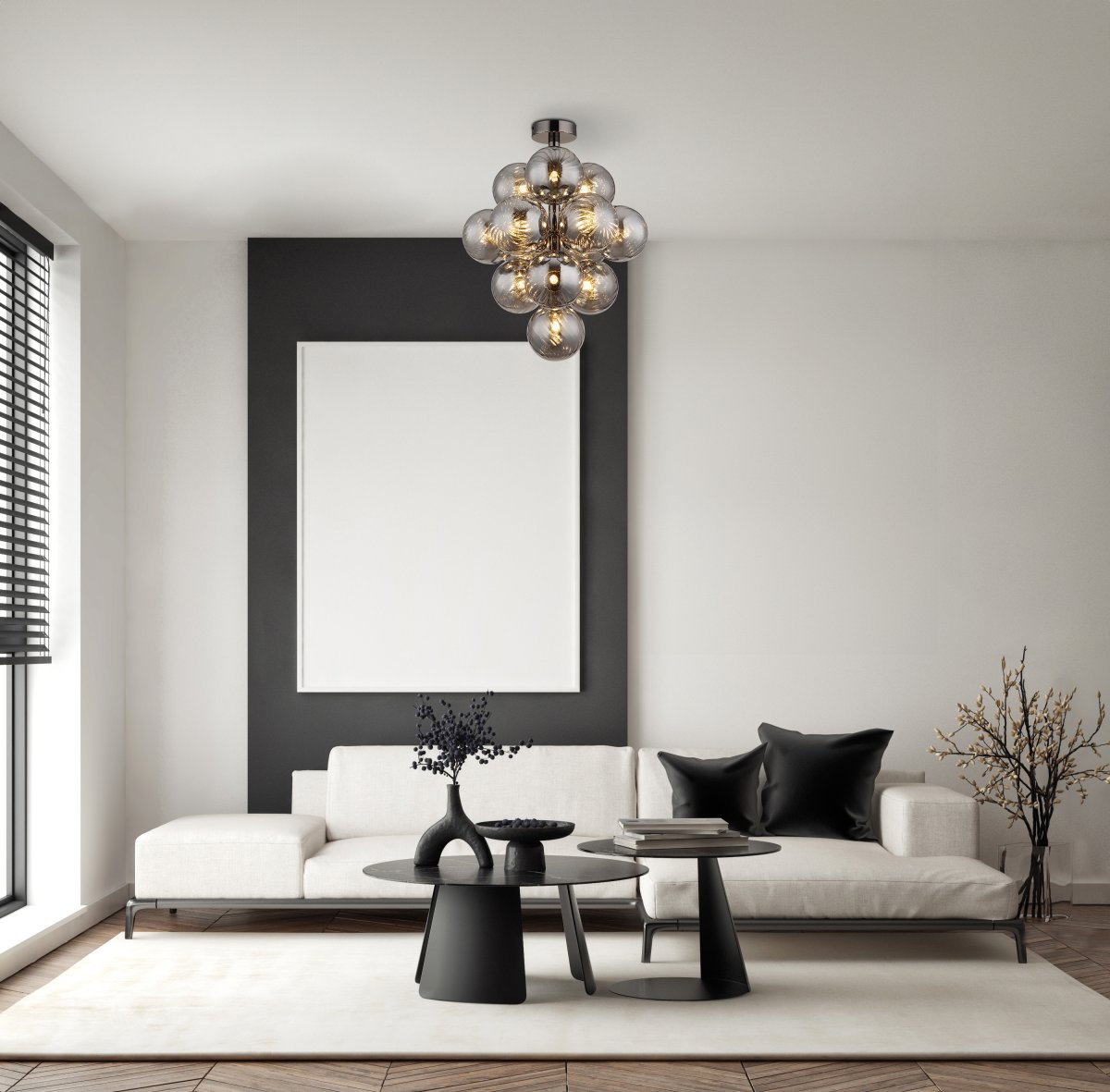 Conor Ø40 Savun värinen plafondi valmistajalta Globo Lighting - Den har 13st dekorativa r&ouml;kf&auml;rgade glaskupor som alla omfamnar en ljusk&auml;lla vilket skapar en fin och harmonisk ljusspridning i rummet.