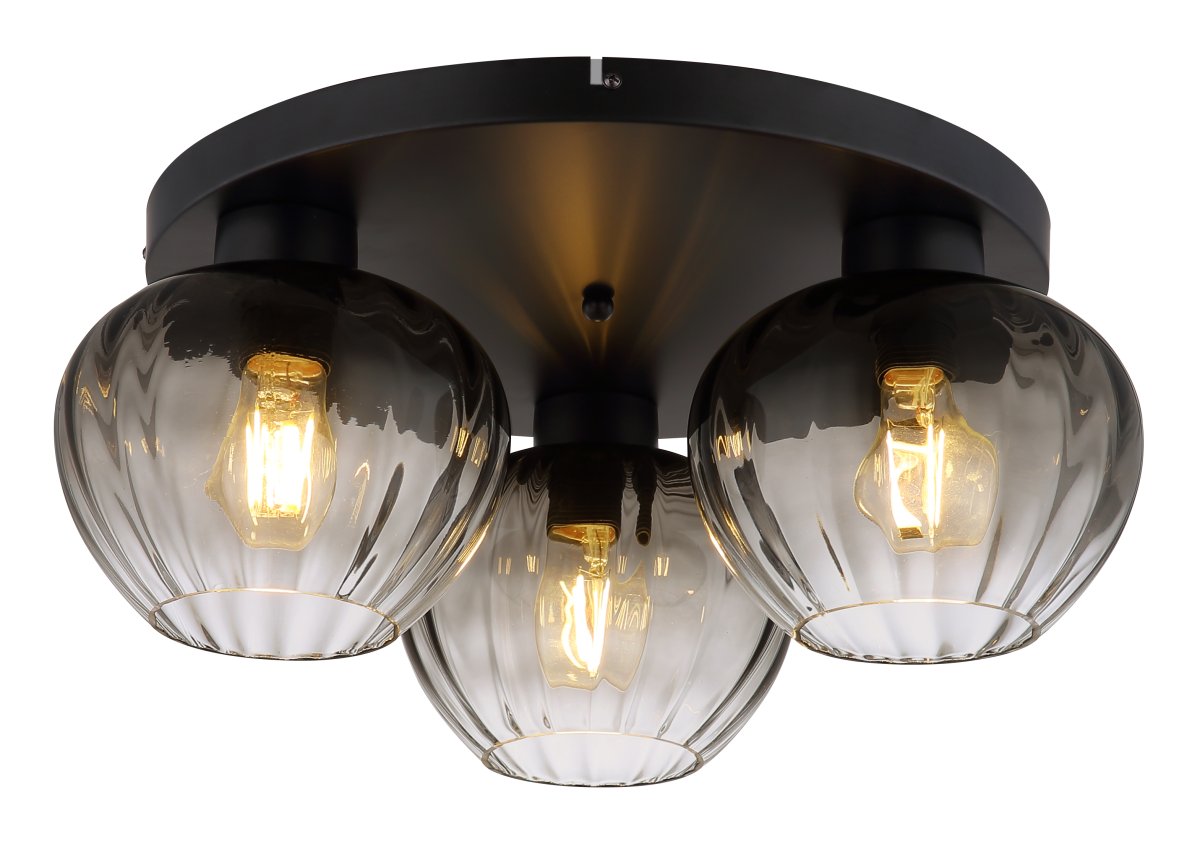 Toy Ø45 Musta plafondi valmistajalta Globo Lighting - De r&auml;fflade r&ouml;ktonade glasen skapar en fin och varm ljusspridning i rummet.