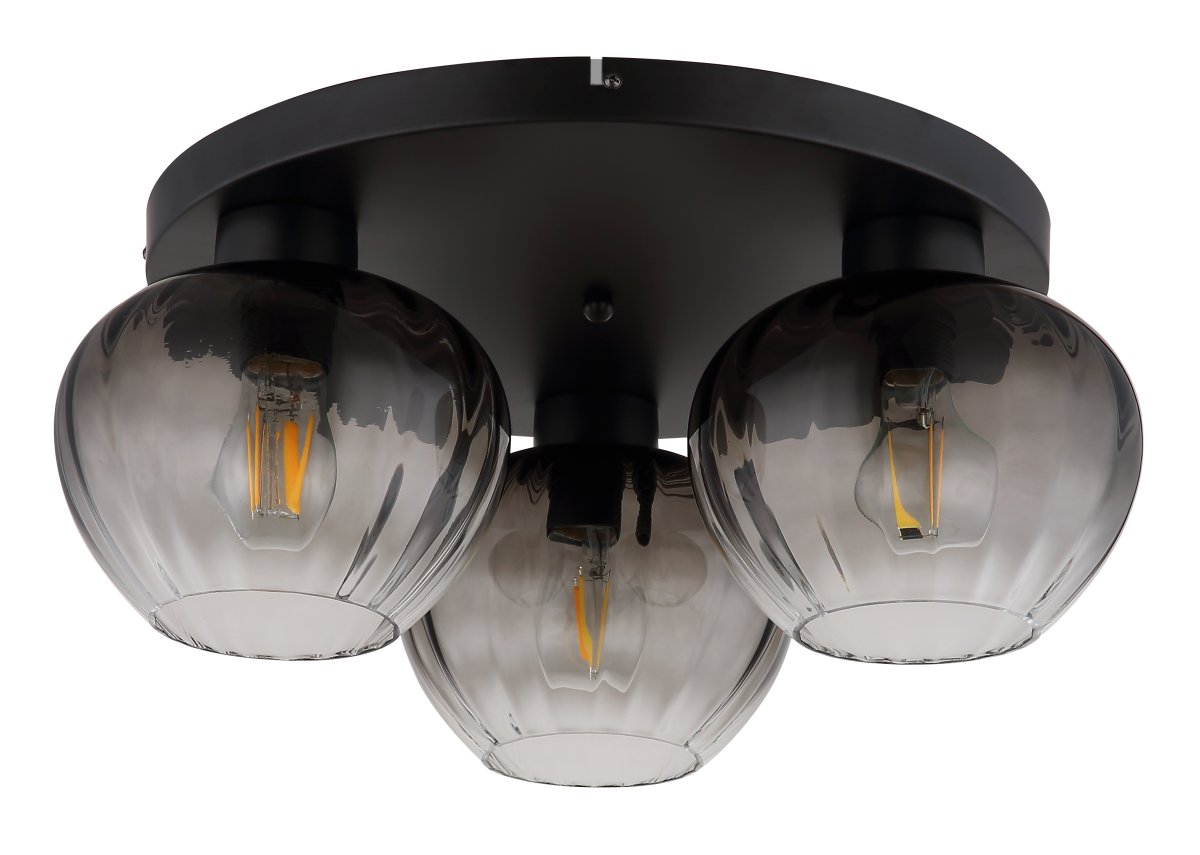 Toy Ø45 Musta plafondi valmistajalta Globo Lighting - De r&auml;fflade r&ouml;ktonade glasen skapar en fin och varm ljusspridning i rummet.